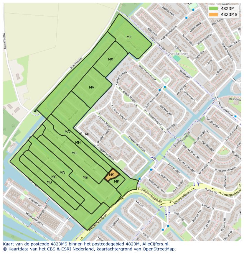 Afbeelding van het postcodegebied 4823 MS op de kaart.
