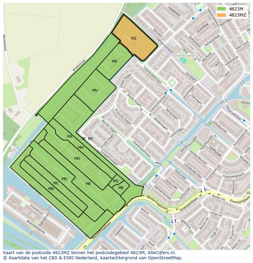 Afbeelding van het postcodegebied 4823 MZ op de kaart.