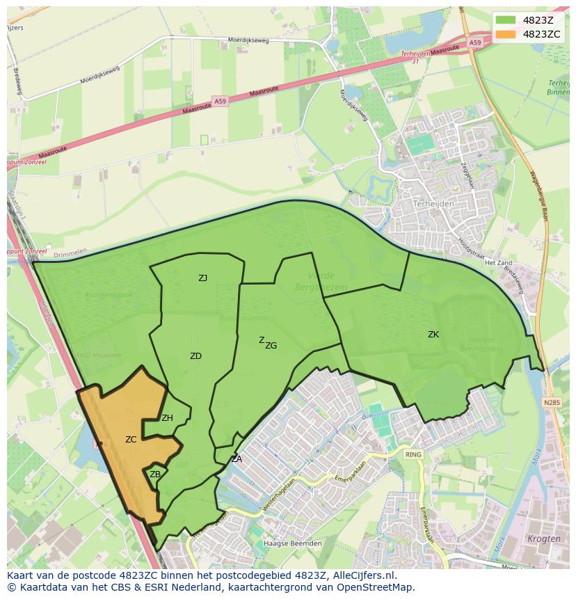 Afbeelding van het postcodegebied 4823 ZC op de kaart.