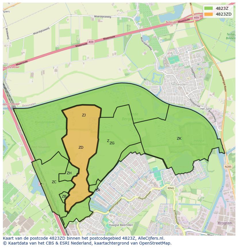 Afbeelding van het postcodegebied 4823 ZD op de kaart.