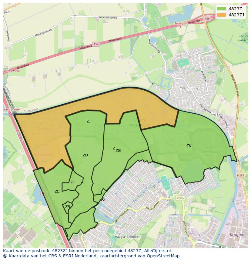 Afbeelding van het postcodegebied 4823 ZJ op de kaart.