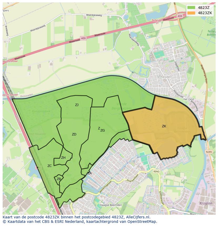 Afbeelding van het postcodegebied 4823 ZK op de kaart.