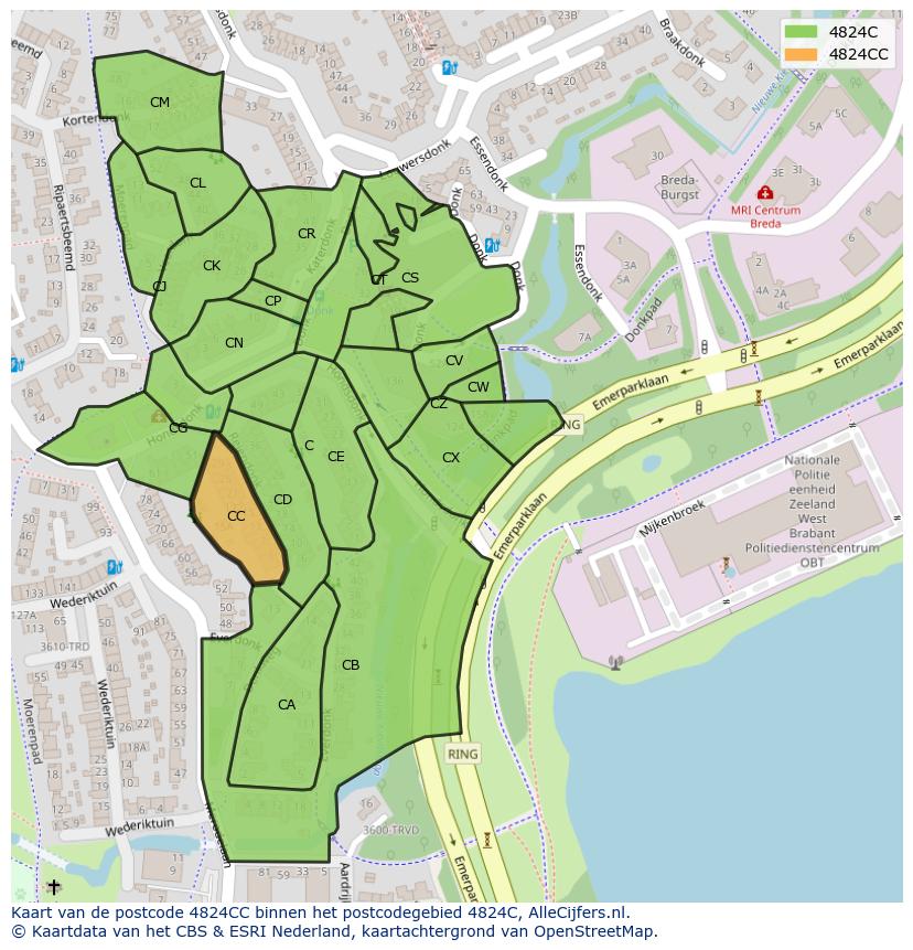 Afbeelding van het postcodegebied 4824 CC op de kaart.