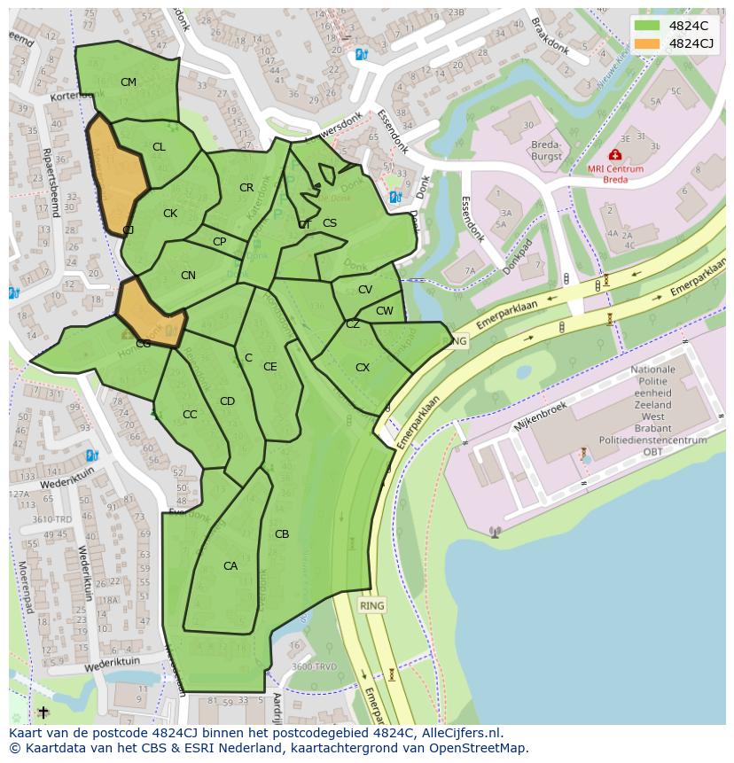 Afbeelding van het postcodegebied 4824 CJ op de kaart.