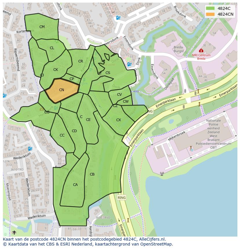 Afbeelding van het postcodegebied 4824 CN op de kaart.