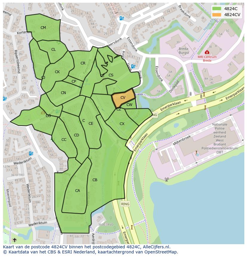 Afbeelding van het postcodegebied 4824 CV op de kaart.
