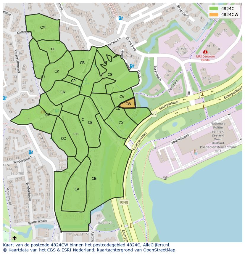 Afbeelding van het postcodegebied 4824 CW op de kaart.