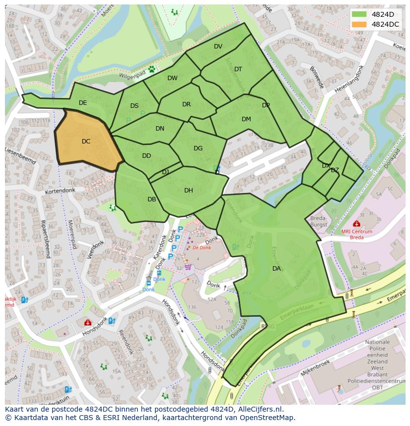 Afbeelding van het postcodegebied 4824 DC op de kaart.