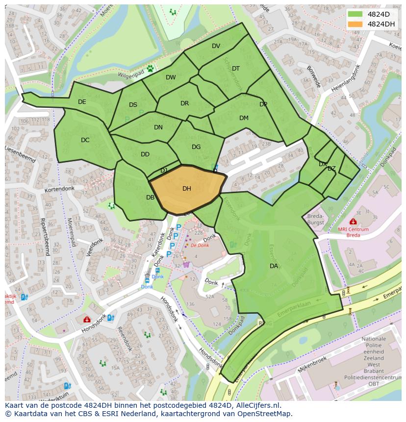 Afbeelding van het postcodegebied 4824 DH op de kaart.