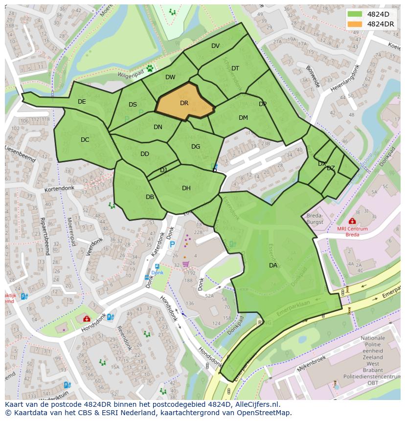 Afbeelding van het postcodegebied 4824 DR op de kaart.