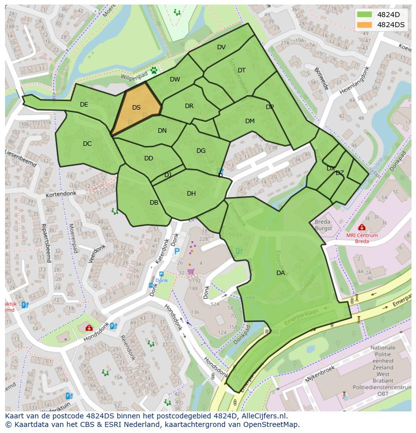 Afbeelding van het postcodegebied 4824 DS op de kaart.