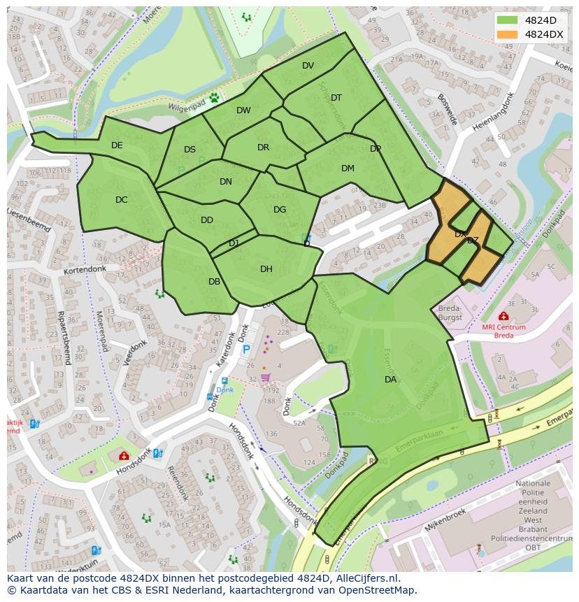 Afbeelding van het postcodegebied 4824 DX op de kaart.