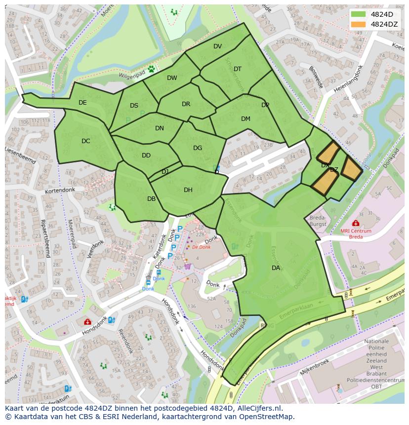 Afbeelding van het postcodegebied 4824 DZ op de kaart.