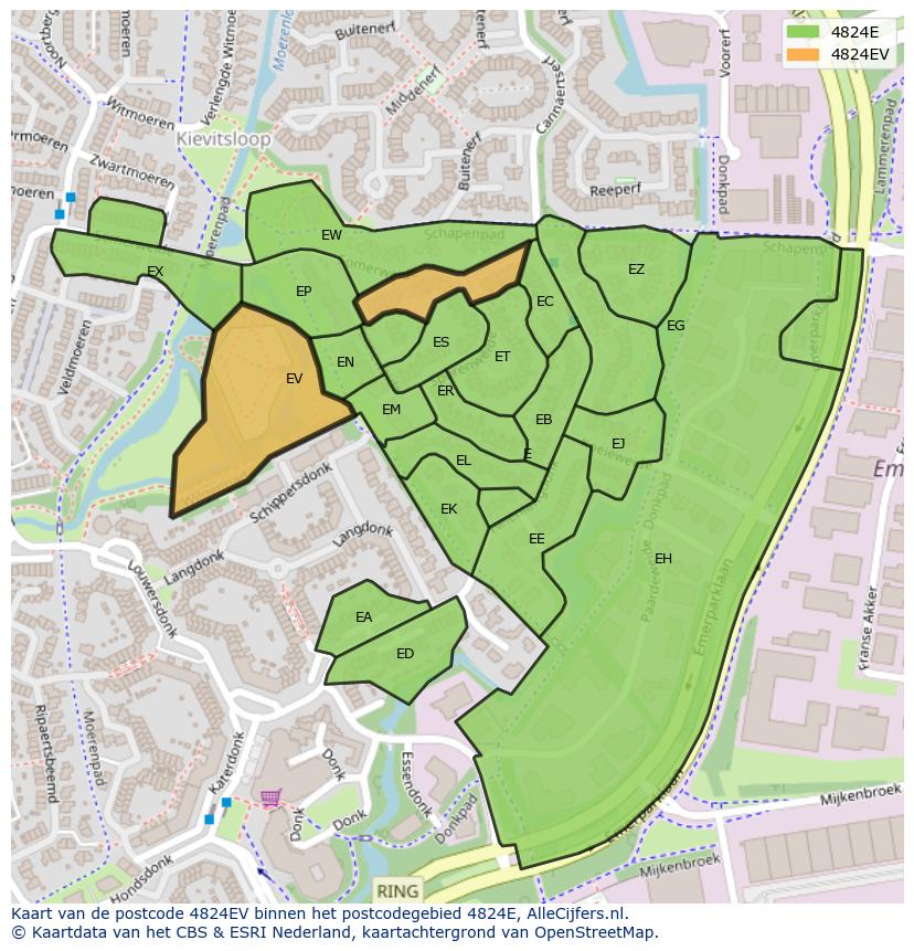 Afbeelding van het postcodegebied 4824 EV op de kaart.