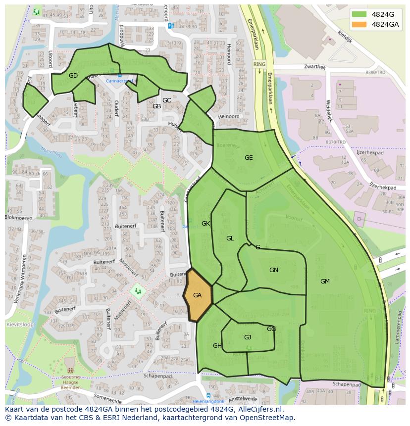 Afbeelding van het postcodegebied 4824 GA op de kaart.