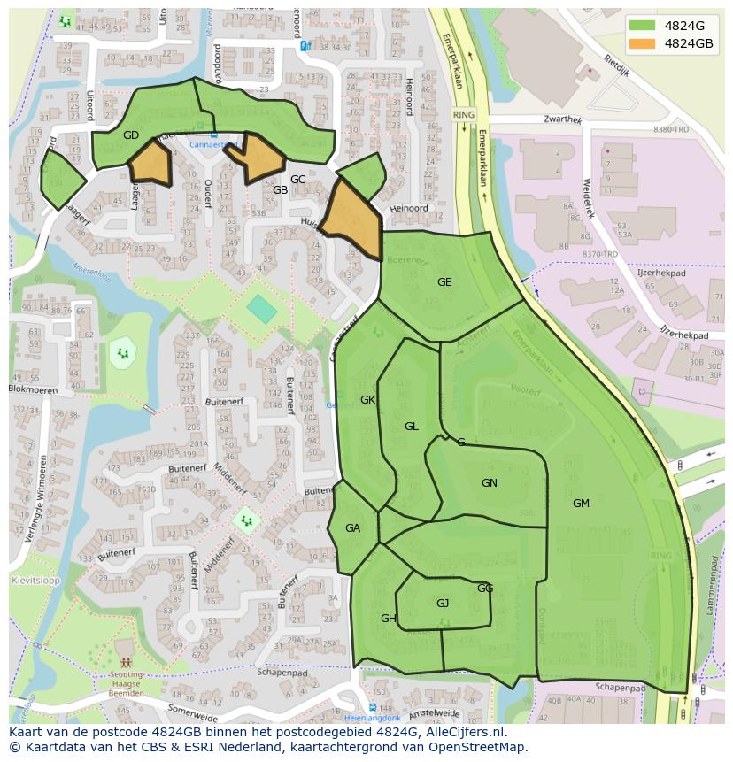 Afbeelding van het postcodegebied 4824 GB op de kaart.