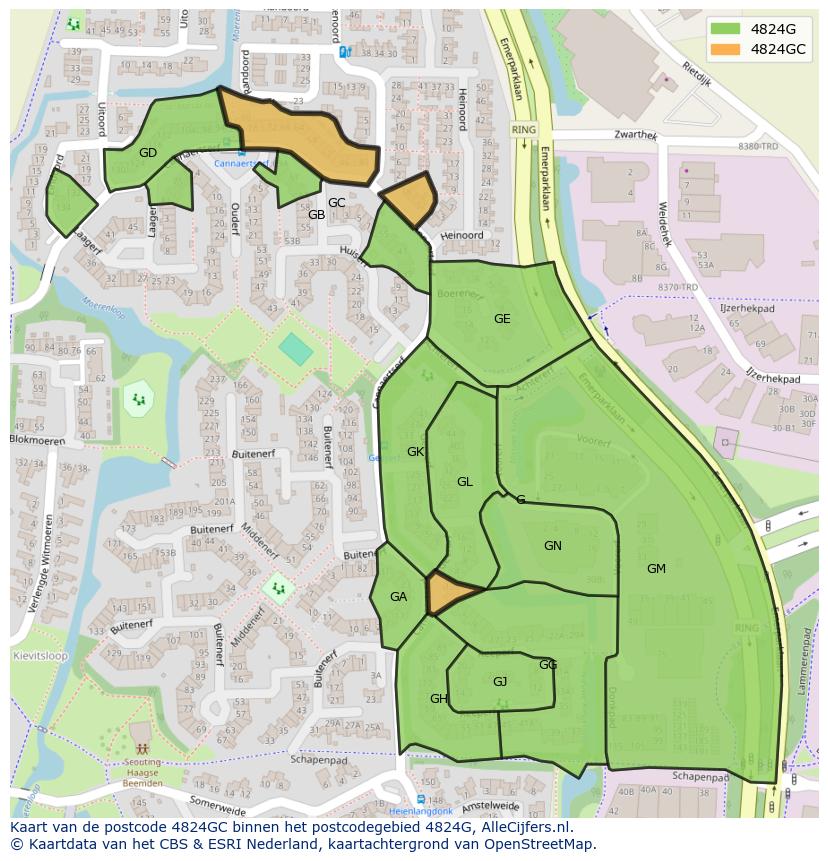Afbeelding van het postcodegebied 4824 GC op de kaart.