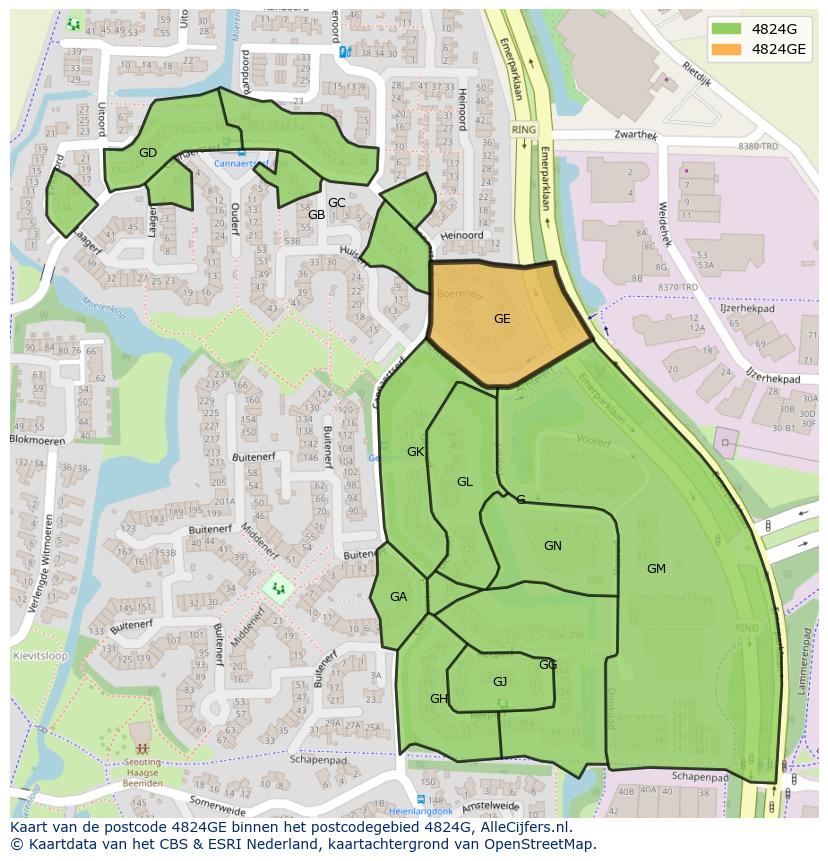 Afbeelding van het postcodegebied 4824 GE op de kaart.