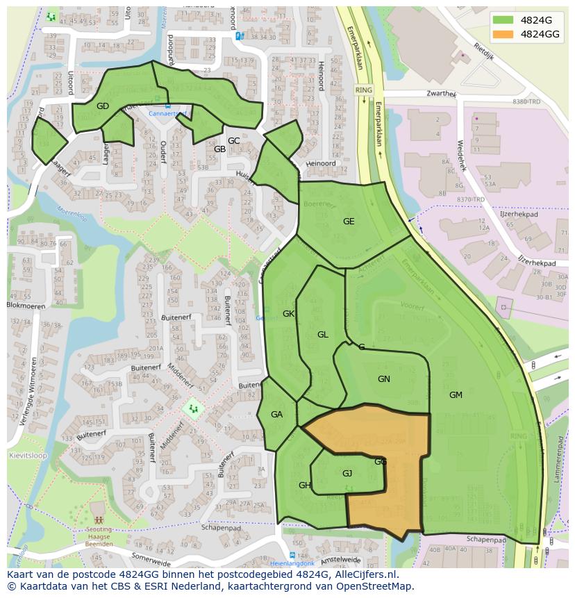 Afbeelding van het postcodegebied 4824 GG op de kaart.