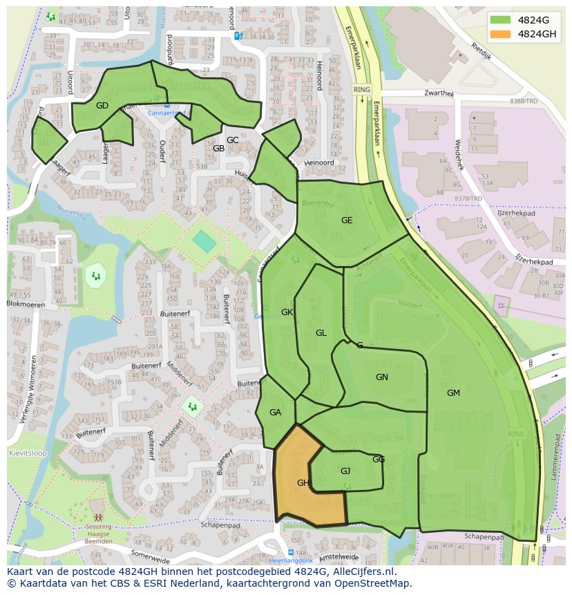 Afbeelding van het postcodegebied 4824 GH op de kaart.