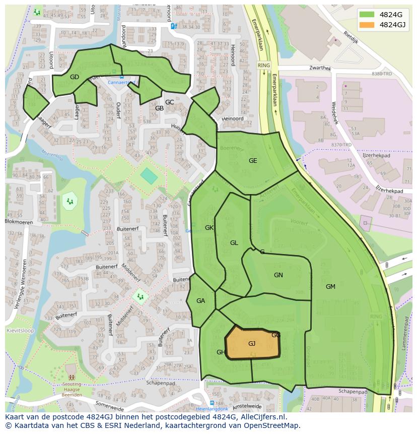 Afbeelding van het postcodegebied 4824 GJ op de kaart.