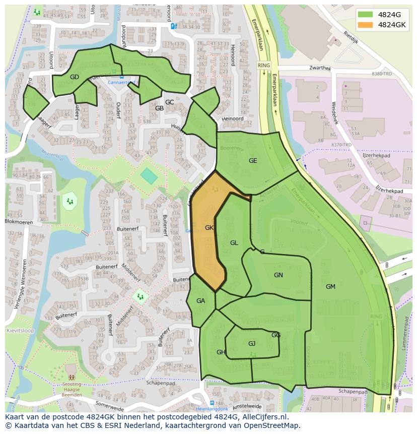 Afbeelding van het postcodegebied 4824 GK op de kaart.