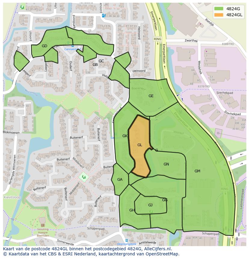 Afbeelding van het postcodegebied 4824 GL op de kaart.