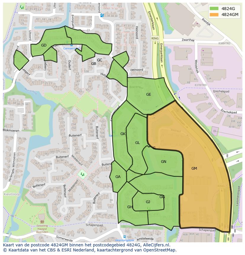 Afbeelding van het postcodegebied 4824 GM op de kaart.