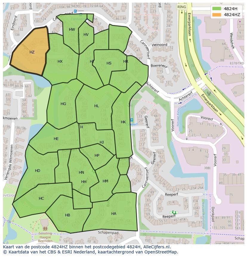 Afbeelding van het postcodegebied 4824 HZ op de kaart.