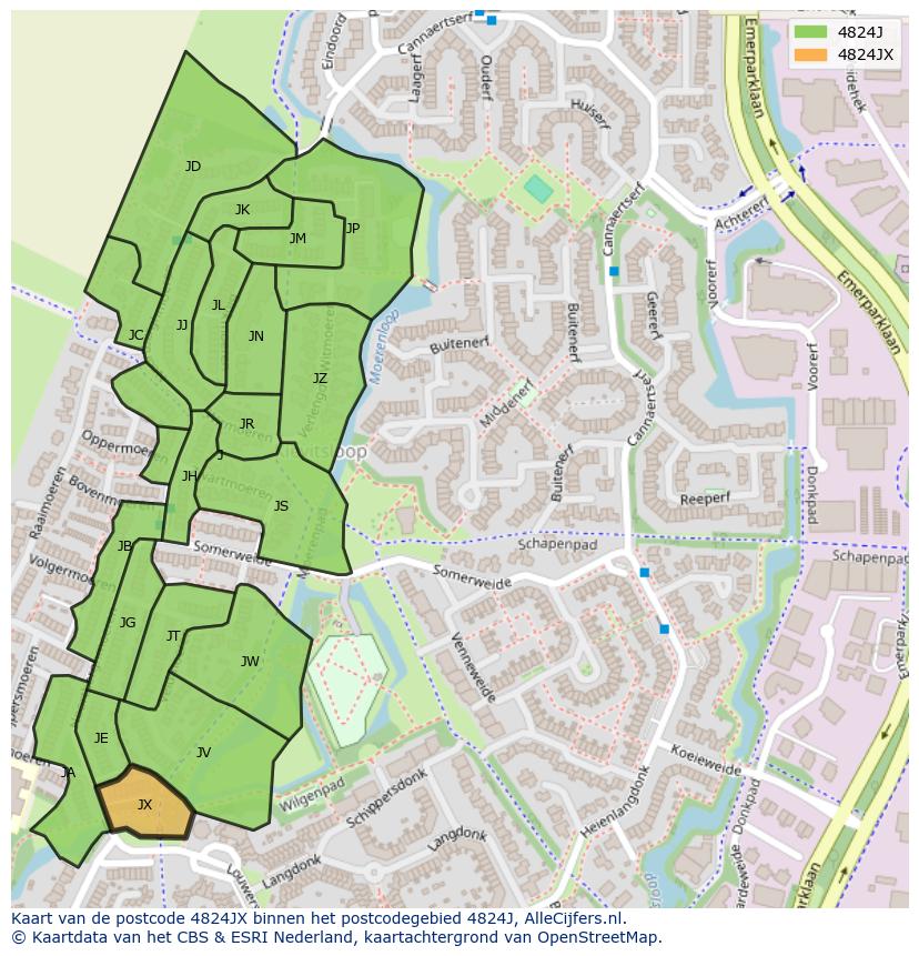 Afbeelding van het postcodegebied 4824 JX op de kaart.