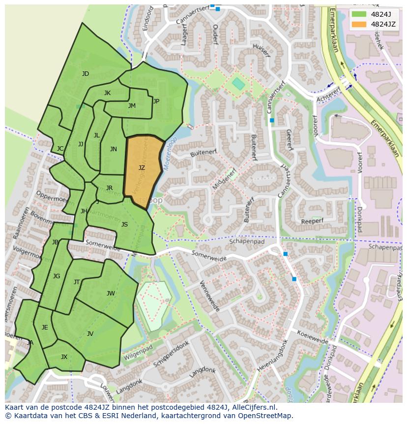 Afbeelding van het postcodegebied 4824 JZ op de kaart.