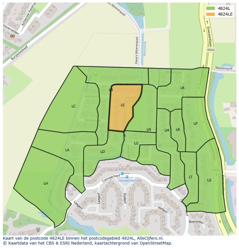 Afbeelding van het postcodegebied 4824 LE op de kaart.