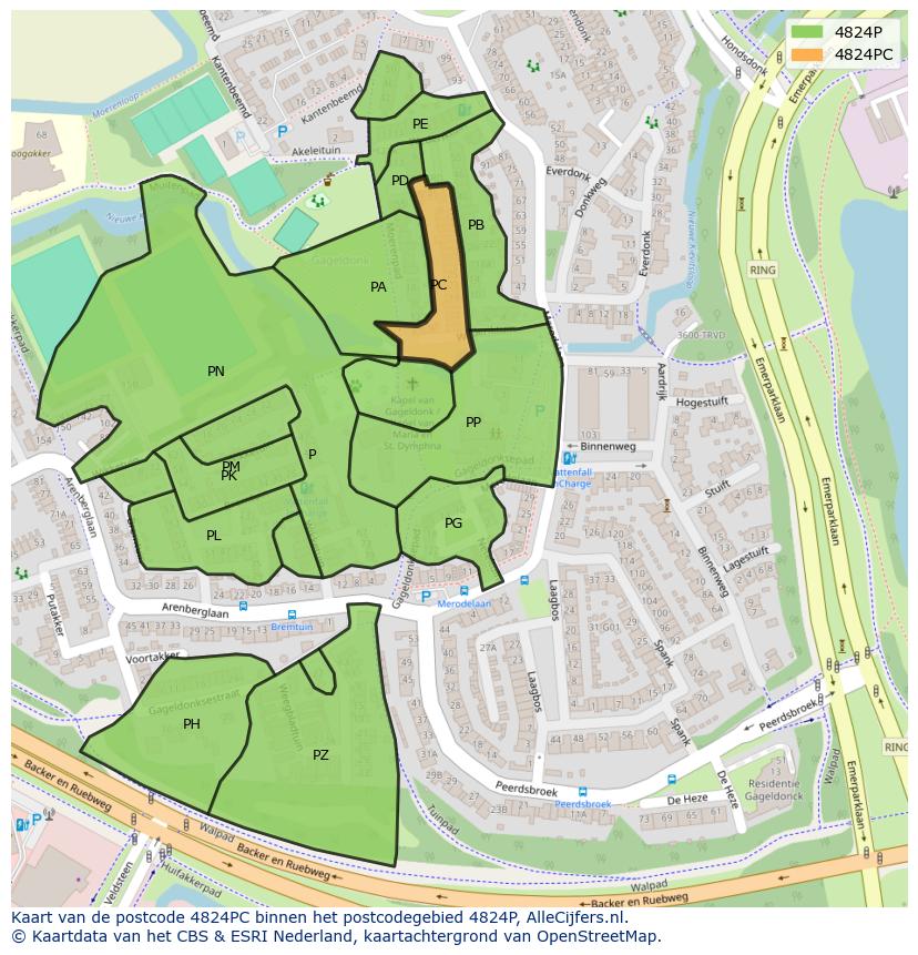 Afbeelding van het postcodegebied 4824 PC op de kaart.