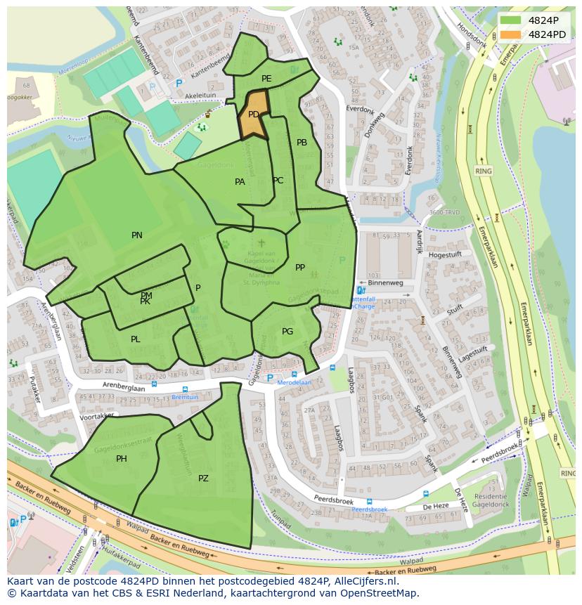 Afbeelding van het postcodegebied 4824 PD op de kaart.