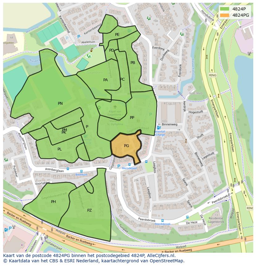 Afbeelding van het postcodegebied 4824 PG op de kaart.