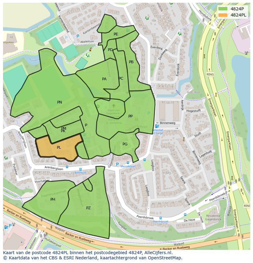 Afbeelding van het postcodegebied 4824 PL op de kaart.