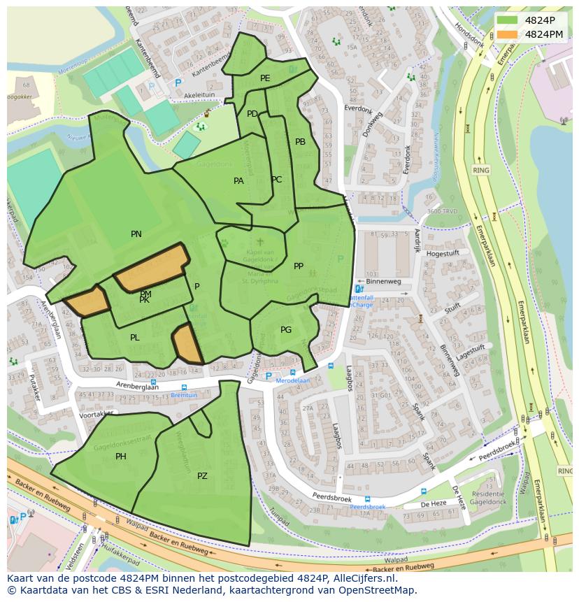 Afbeelding van het postcodegebied 4824 PM op de kaart.