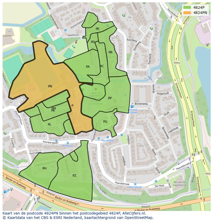 Afbeelding van het postcodegebied 4824 PN op de kaart.