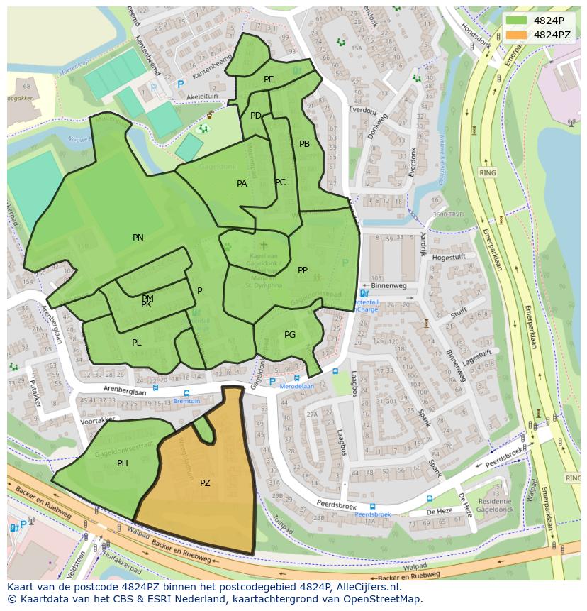 Afbeelding van het postcodegebied 4824 PZ op de kaart.
