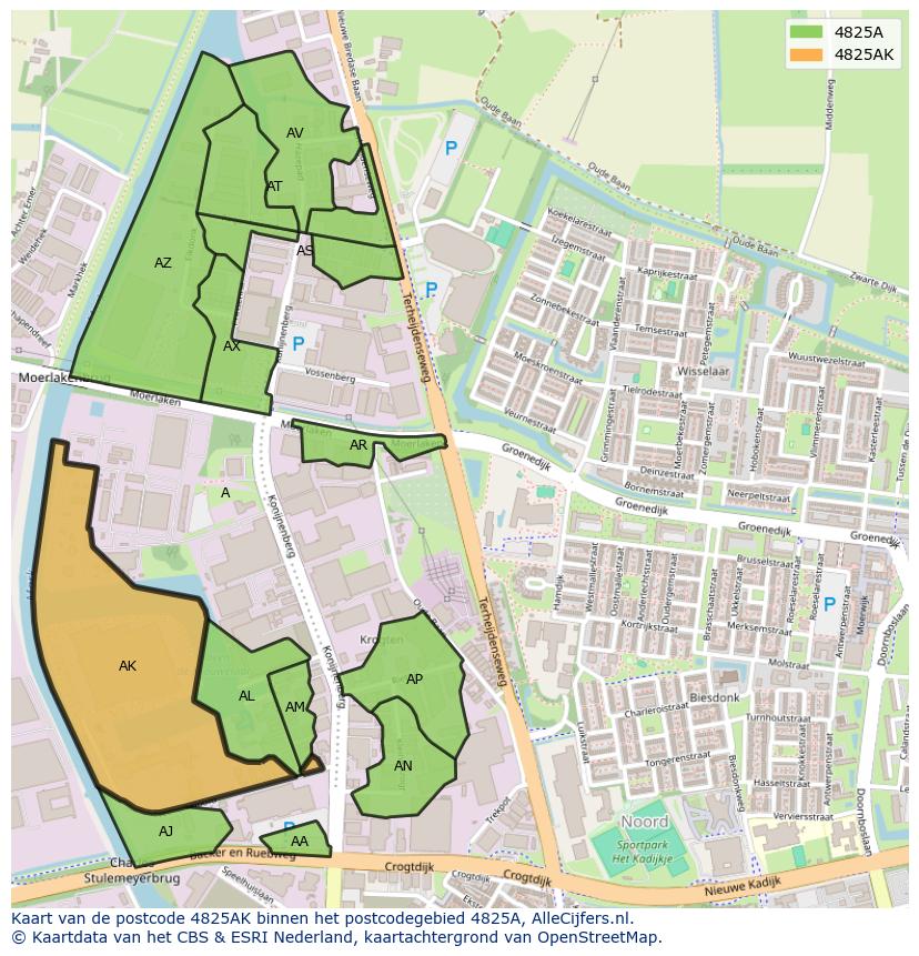 Afbeelding van het postcodegebied 4825 AK op de kaart.