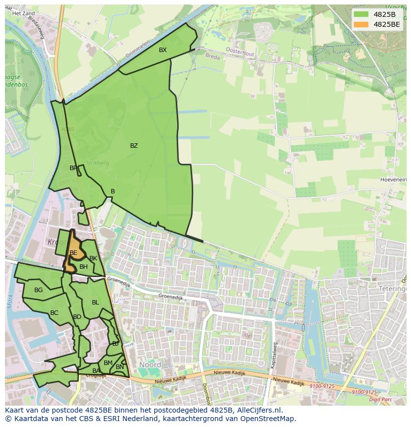 Afbeelding van het postcodegebied 4825 BE op de kaart.