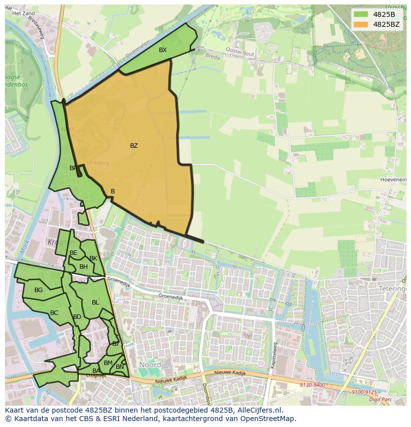 Afbeelding van het postcodegebied 4825 BZ op de kaart.