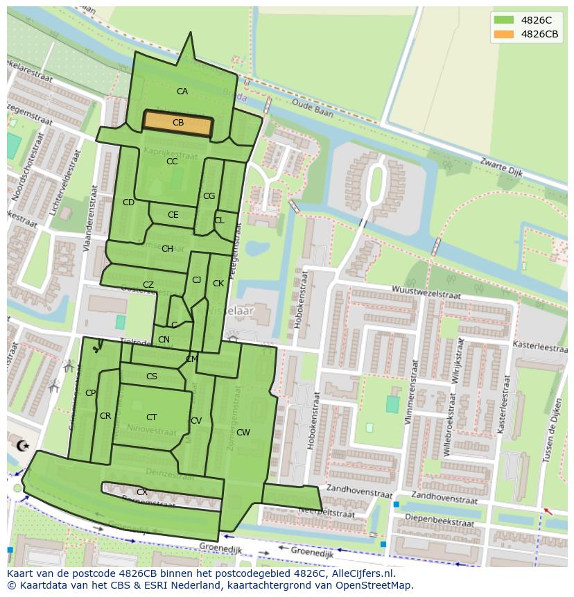 Afbeelding van het postcodegebied 4826 CB op de kaart.