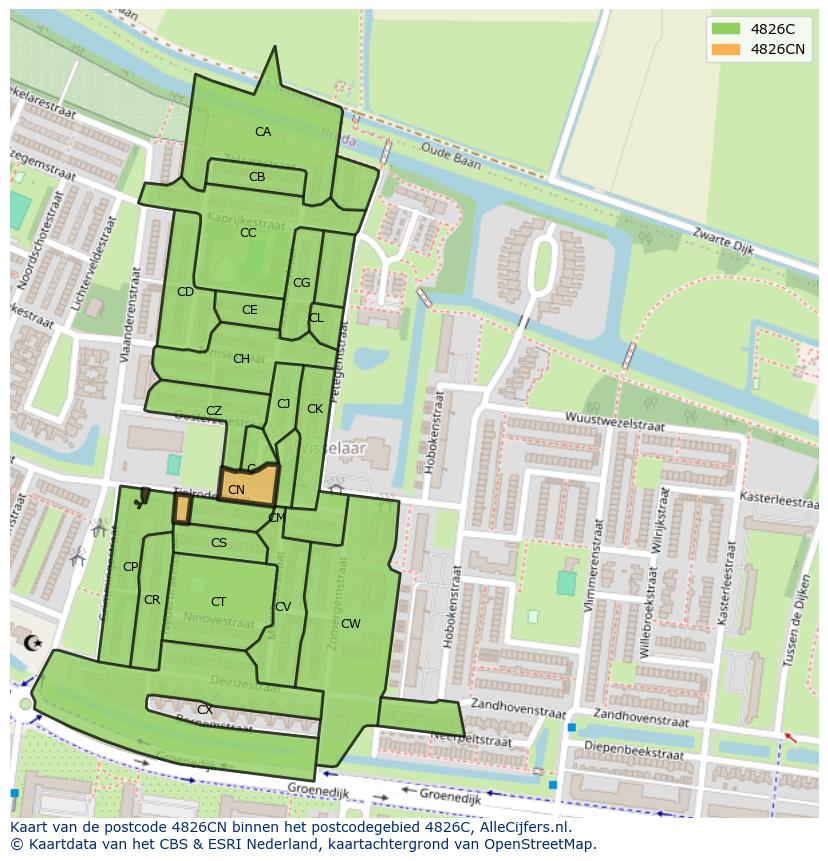 Afbeelding van het postcodegebied 4826 CN op de kaart.