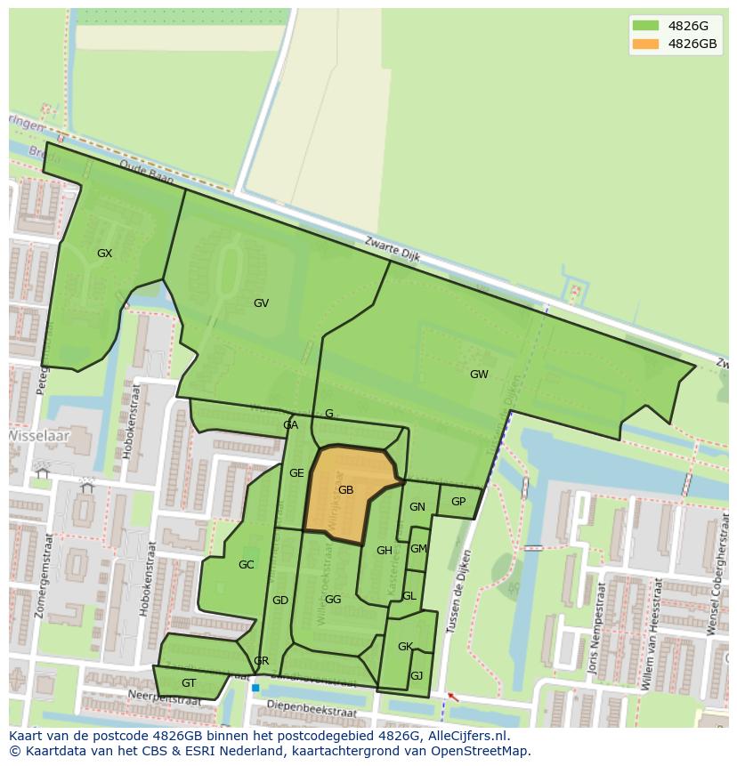 Afbeelding van het postcodegebied 4826 GB op de kaart.