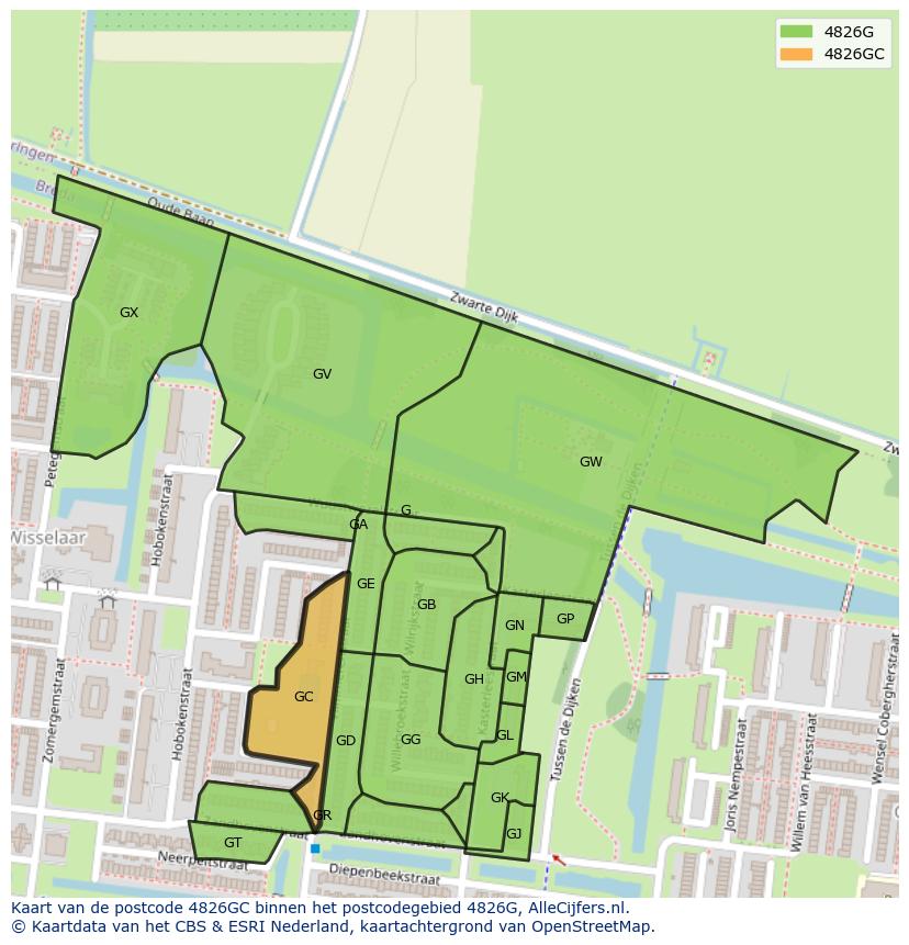Afbeelding van het postcodegebied 4826 GC op de kaart.
