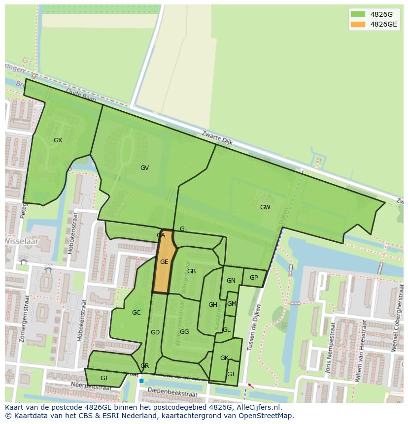 Afbeelding van het postcodegebied 4826 GE op de kaart.