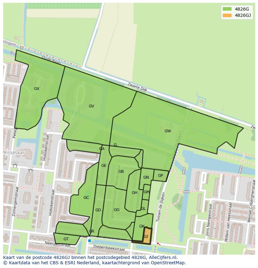 Afbeelding van het postcodegebied 4826 GJ op de kaart.