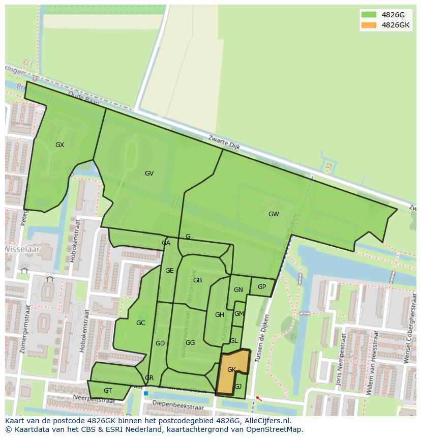 Afbeelding van het postcodegebied 4826 GK op de kaart.