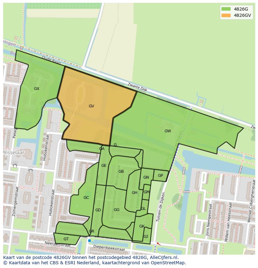 Afbeelding van het postcodegebied 4826 GV op de kaart.